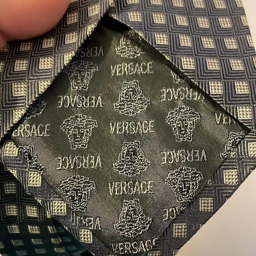 Versace Gray Silver Geometric Design Medusa Head Logo Silk Tie